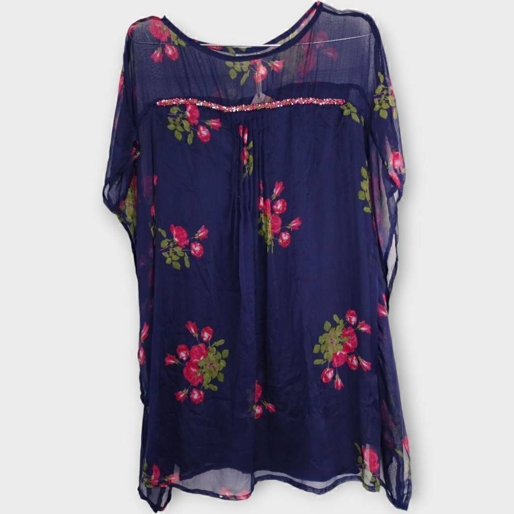 Antica Satori Dress Sz‎ Medium Red Navy Chiffon Short Sleeve Sheer Mini Cocktail